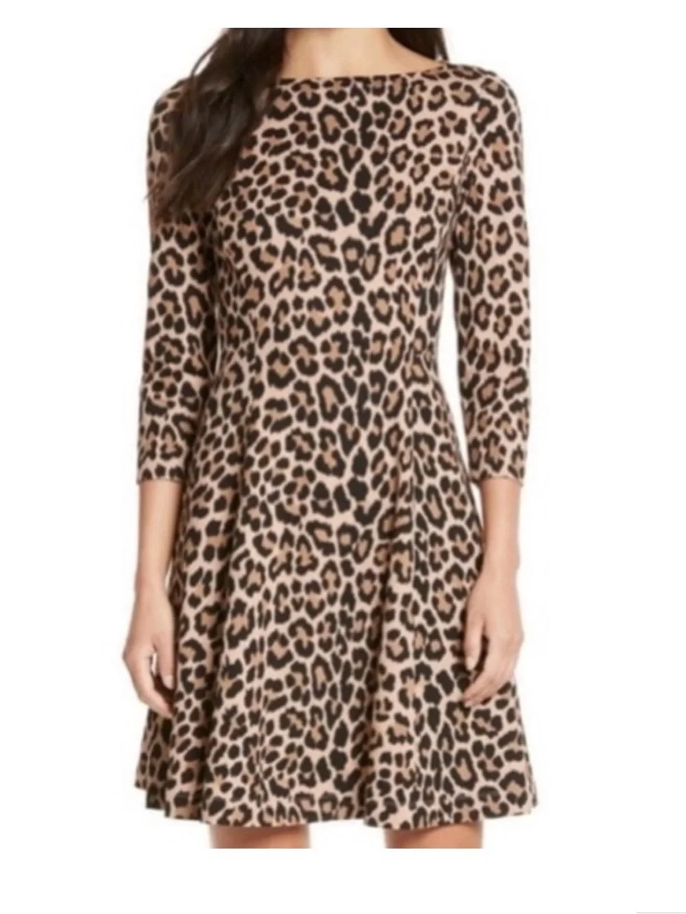 kate spade Leopard Print 3/4 Sleeve Fit-and-Flare Dress - Beige and Black